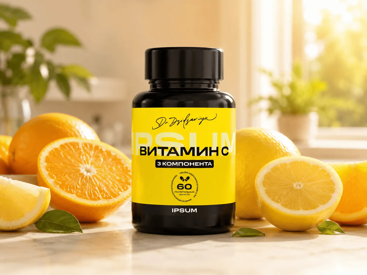 Банка витамина C IPSUM крупным планом среди цитрусовых