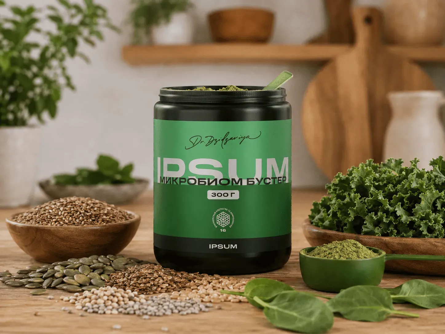 Банка Микробиом Бустер IPSUM крупным планом среди семян и зелени